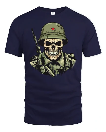Skeleton Soldier Army Military T-shirt - navy t-shirt on white background