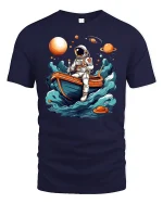 Astronaut in Boat Exploring Space T-Shirt - navy t-shirt on white background