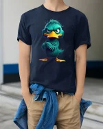 Funny Angry Duck Character Tee - model wearing Navy T-shirt, hands in pockets, denim shirt at waist