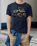 Cowboy Monster Truck Graphic Tee - model wearing Navy T-shirt, hands in pockets, denim shirt at waist