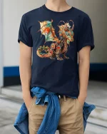 Steampunk Dragon Fantasy T-shirt - model wearing Navy T-shirt, hands in pockets, denim shirt at waist