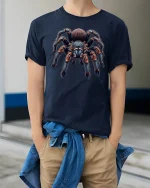 Giant Tarantula Spider Realistic Tee - model wearing Navy T-shirt, hands in pockets, denim shirt at waist