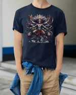 Mythical Multi-Armed Warrior God Tee - model wearing Navy T-shirt, hands in pockets, denim shirt at waist
