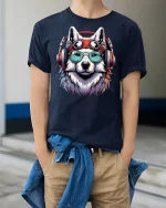 Cool Husky Headphones T-shirt - model wearing Navy T-shirt, hands in pockets, denim shirt at waist