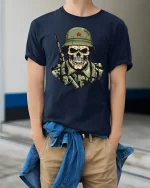 Skeleton Soldier Army Military T-shirt - model wearing Navy T-shirt, hands in pockets, denim shirt at waist