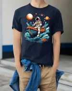 Astronaut in Boat Exploring Space T-Shirt - model wearing Navy T-shirt, hands in pockets, denim shirt at waist