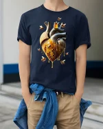 Honeycomb Heart Bees T-Shirt - model wearing Navy T-shirt, hands in pockets, denim shirt at waist