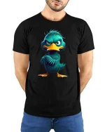 Funny Angry Duck Character Tee - model with hands behind back, wearing Black T-shirt and blue jeans