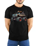Cowboy Monster Truck Graphic Tee - model with hands behind back, wearing Black T-shirt and blue jeans