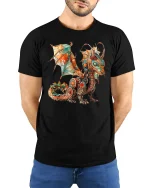 Steampunk Dragon Fantasy T-shirt - model with hands behind back, wearing Black T-shirt and blue jeans