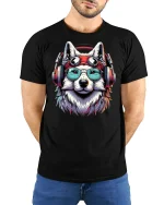 Cool Husky Headphones T-shirt - model with hands behind back, wearing Black T-shirt and blue jeans
