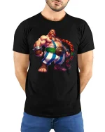 Funny Viking Warrior Cartoon T-Shirt - model with hands behind back, wearing Black T-shirt and blue jeans