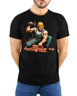 Strong Builder Construction Worker Tee - model with hands behind back, wearing Black T-shirt and blue jeans