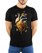 Honeycomb Heart Bees T-Shirt - model with hands behind back, wearing Black T-shirt and blue jeans