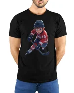 Youth Hockey Player Action T-Shirt - model with hands behind back, wearing Black T-shirt and blue jeans