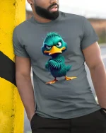 Funny Angry Duck Character Tee - model leaning on yellow-black pole, wearing Gray T-shirt, hand in pocket