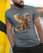 Steampunk Dragon Fantasy T-shirt - model leaning on yellow-black pole, wearing Gray T-shirt, hand in pocket