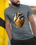 Honeycomb Heart Bees T-Shirt - model leaning on yellow-black pole, wearing Gray T-shirt, hand in pocket