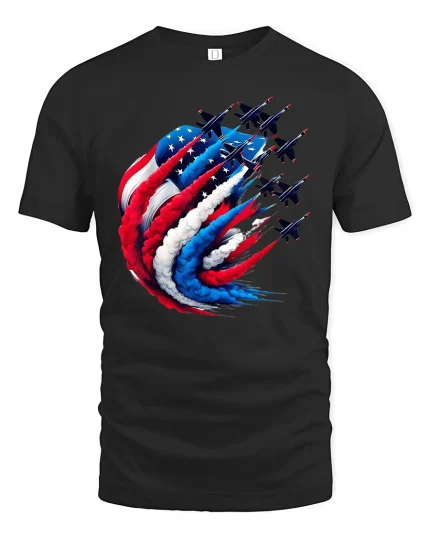 USA Flag Fighter Jets Patriotic Flyover Tee - black t-shirt on white background