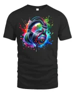 Colorful Headphones Splash Art Music Lover Tee - black t-shirt on white background