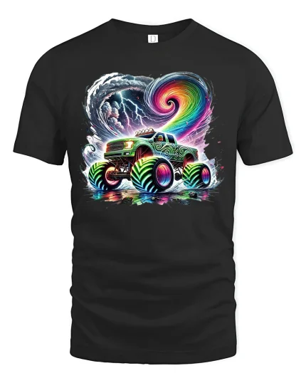 Neon Storm Monster Truck T-shirt - black t-shirt on white background