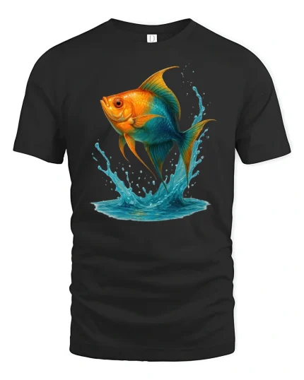 Splash Jump Goldfish Graphic Printed T-shirt - black t-shirt on white background