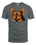 Lazy Laptop Dog Funny Graphic T-shirt - gray t-shirt on white background