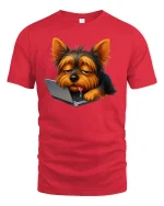 Lazy Laptop Dog Funny Graphic T-shirt - red t-shirt on white background