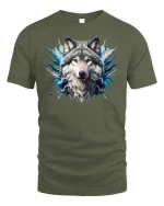 Majestic Wolf Spirit Splash Art Tee - military green t-shirt on white background