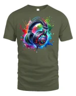 Colorful Headphones Splash Art Music Lover Tee - military green t-shirt on white background