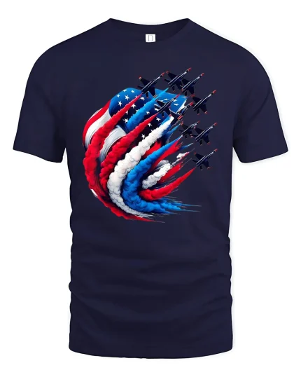 USA Flag Fighter Jets Patriotic Flyover Tee - navy t-shirt on white background