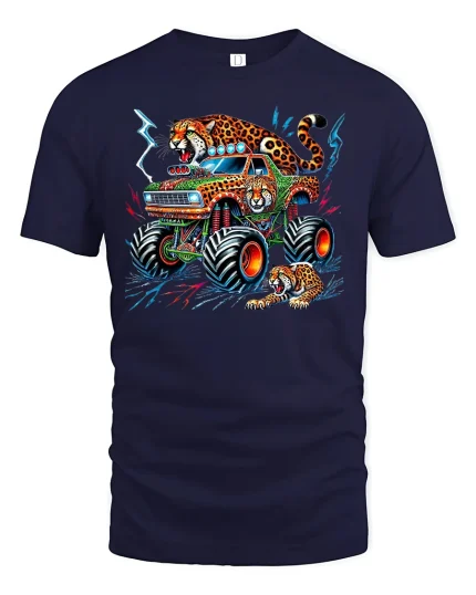 Wild Leopard Monster Truck T-shirt - navy t-shirt on white background
