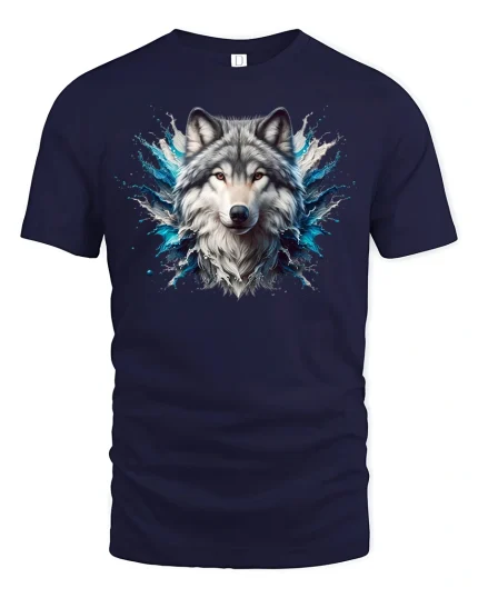 Majestic Wolf Spirit Splash Art Tee - navy t-shirt on white background