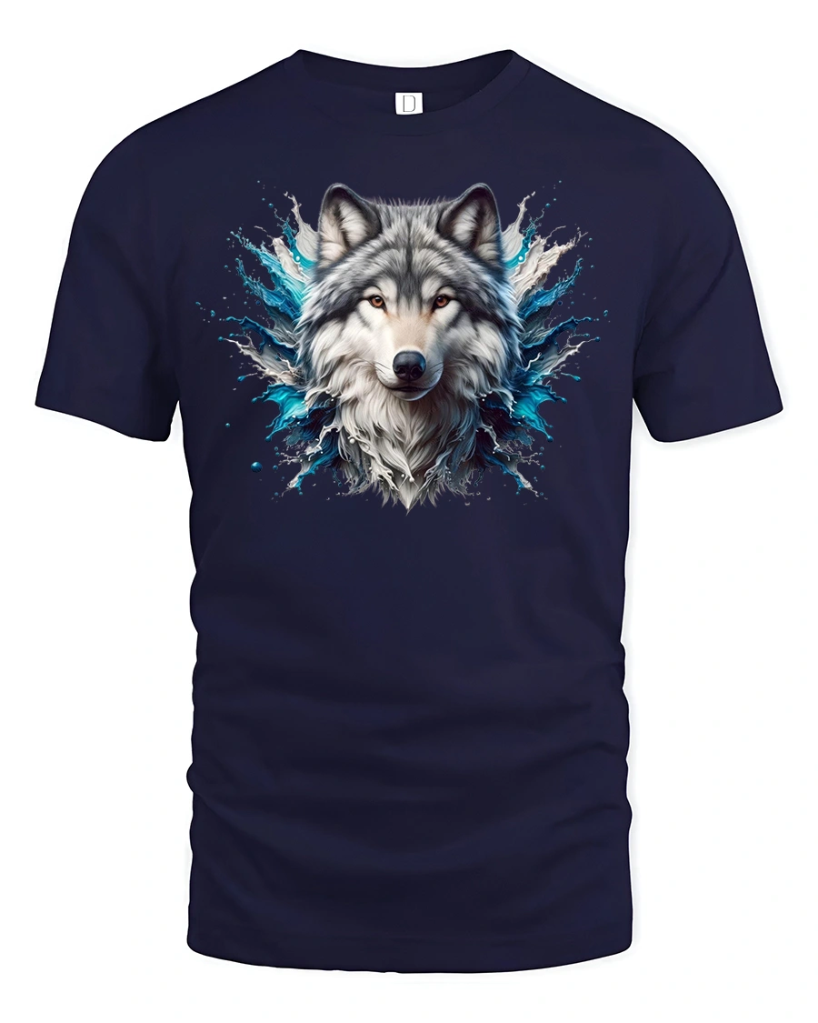 Majestic Wolf Spirit Splash Art Tee - 1 Majestic Wolf Spirit Splash Art Tee - navy t-shirt on white background