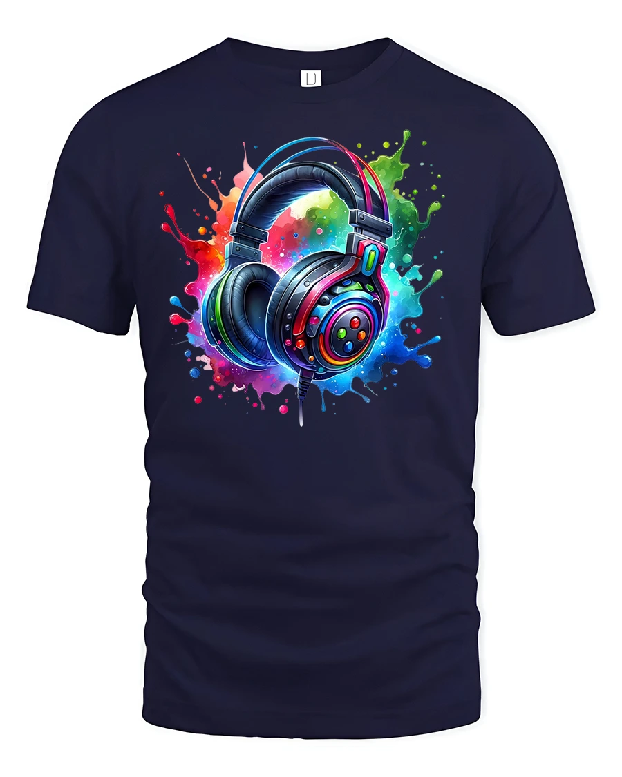 Colorful Headphones Splash Art Music Lover Tee - 1 Colorful Headphones Splash Art Music Lover Tee - navy t-shirt on white background