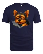 Lazy Laptop Dog Funny Graphic T-shirt - navy t-shirt on white background