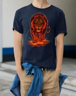 Fierce Lava Lion Graphic Printed T-shirt - model wearing Navy T-shirt, hands in pockets, denim shirt at waist