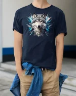 Majestic Wolf Spirit Splash Art Tee - model wearing Navy T-shirt, hands in pockets, denim shirt at waist