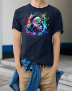 Colorful Headphones Splash Art Music Lover Tee - model wearing Navy T-shirt, hands in pockets, denim shirt at waist