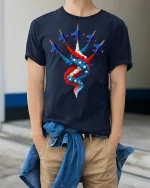 Patriotic Fighter Jets Smoke Trail T-shirt - model wearing Navy T-shirt, hands in pockets, denim shirt at waist