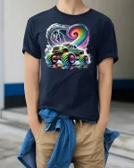 Neon Storm Monster Truck T-shirt - model wearing Navy T-shirt, hands in pockets, denim shirt at waist