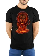 Fierce Lava Lion Graphic Printed T-shirt - model with hands behind back, wearing Black T-shirt and blue jeans