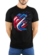 USA Flag Fighter Jets Patriotic Flyover Tee - model with hands behind back, wearing Black T-shirt and blue jeans