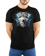 Majestic Wolf Spirit Splash Art Tee - model with hands behind back, wearing Black T-shirt and blue jeans