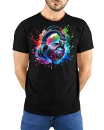 Colorful Headphones Splash Art Music Lover Tee - model with hands behind back, wearing Black T-shirt and blue jeans
