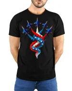 Patriotic Fighter Jets Smoke Trail T-shirt - model with hands behind back, wearing Black T-shirt and blue jeans