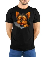 Lazy Laptop Dog Funny Graphic T-shirt - model with hands behind back, wearing Black T-shirt and blue jeans