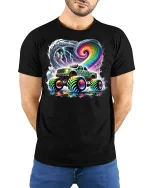Neon Storm Monster Truck T-shirt - model with hands behind back, wearing Black T-shirt and blue jeans