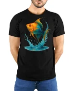 Splash Jump Goldfish Graphic Printed T-shirt - model with hands behind back, wearing Black T-shirt and blue jeans