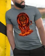 Fierce Lava Lion Graphic Printed T-shirt - model leaning on yellow-black pole, wearing Gray T-shirt, hand in pocket